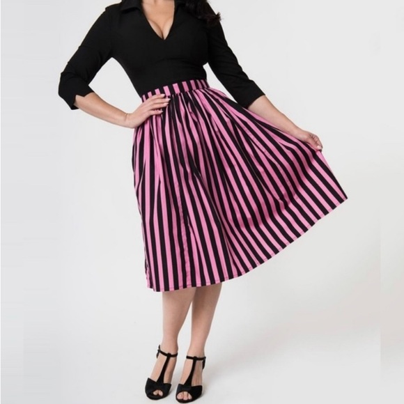 Unique vintage Beetlejuice black and pink stripe midi pinup skirt Sz Large - Picture 2 of 5